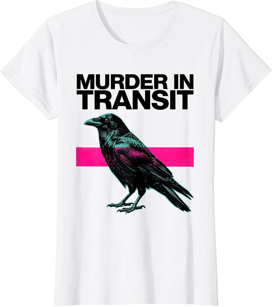 Women's Murder In Transit Risograph Dark Humor Crow Raven Gothic T-Shirt - White