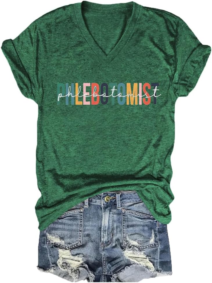 Phlebotomist Shirts for Women Funny Leopard Boho Graphic Tees V-Neck Phlebotomy Tech T Shirt Phleb Nurse Shirt - Dark Green