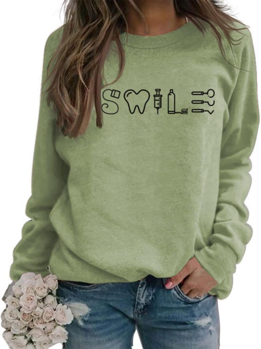 Smile Teeth Sweatshirt for Women Dentist Crewneck Sweatshirt Smile Dental Long Sleeve Shirt Dental Student Shirt - Olive