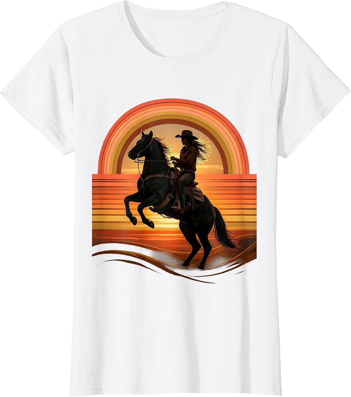 Black Cowgirl Rearing Horse Dusk Western Art T-Shirt - White