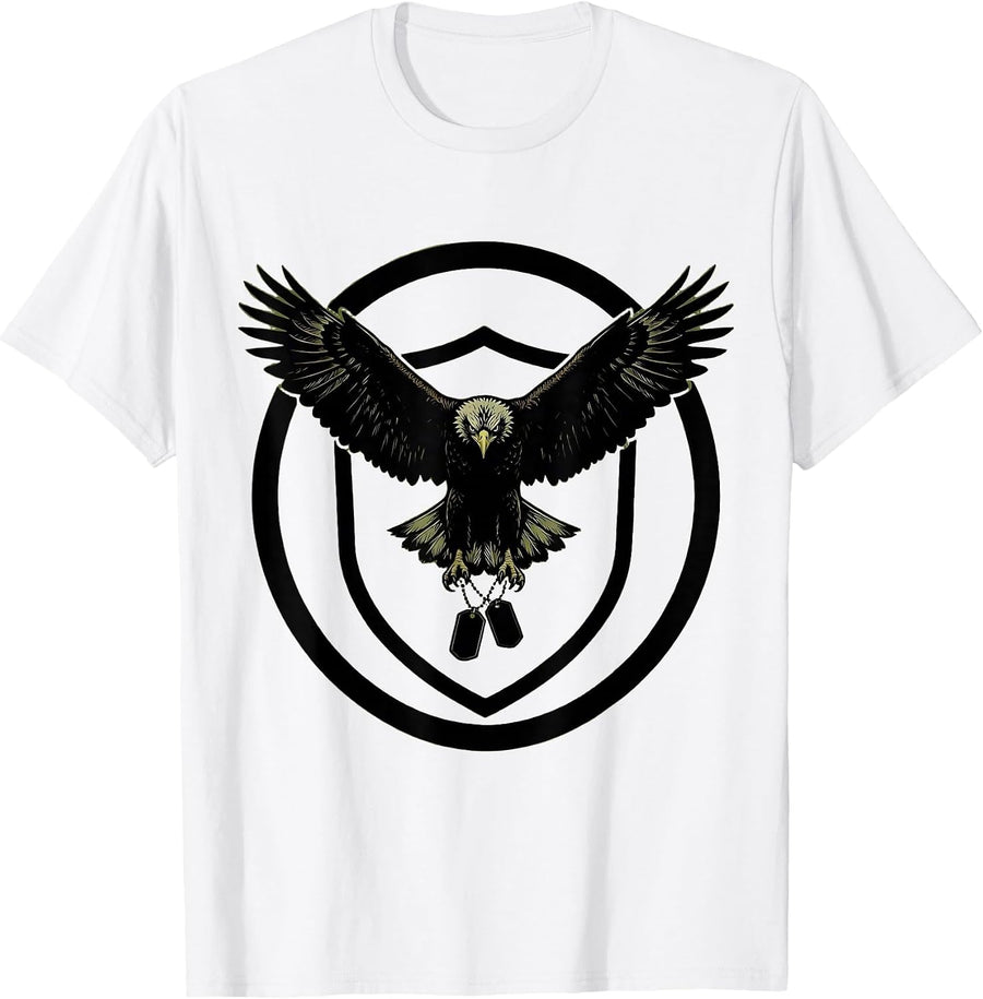 Men's Eagle and Dog Tags Patriotic Shield Graphic T-Shirt - White