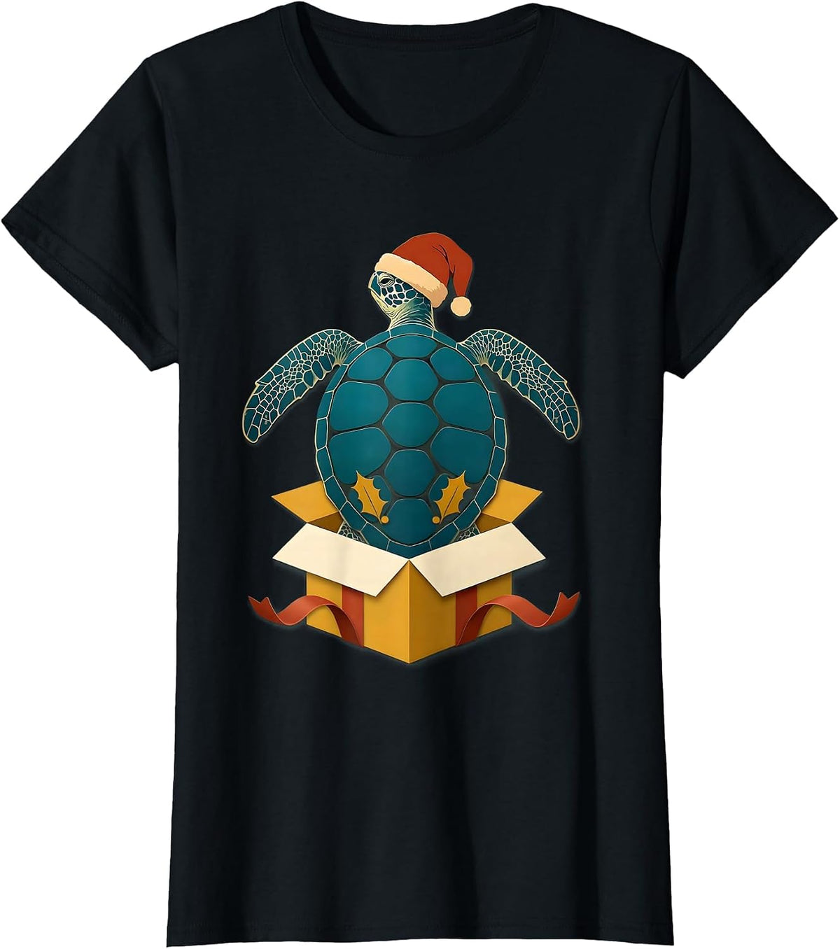 Women's Sea Turtle Santa Hat Paper Cutout Christmas Novelty T-Shirt - Black
