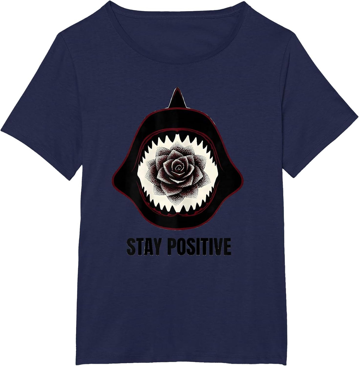 Women's Stay Positive Blackwork Dotwork Shark Jaw Wildlife Humor T-Shirt - Navy Blue