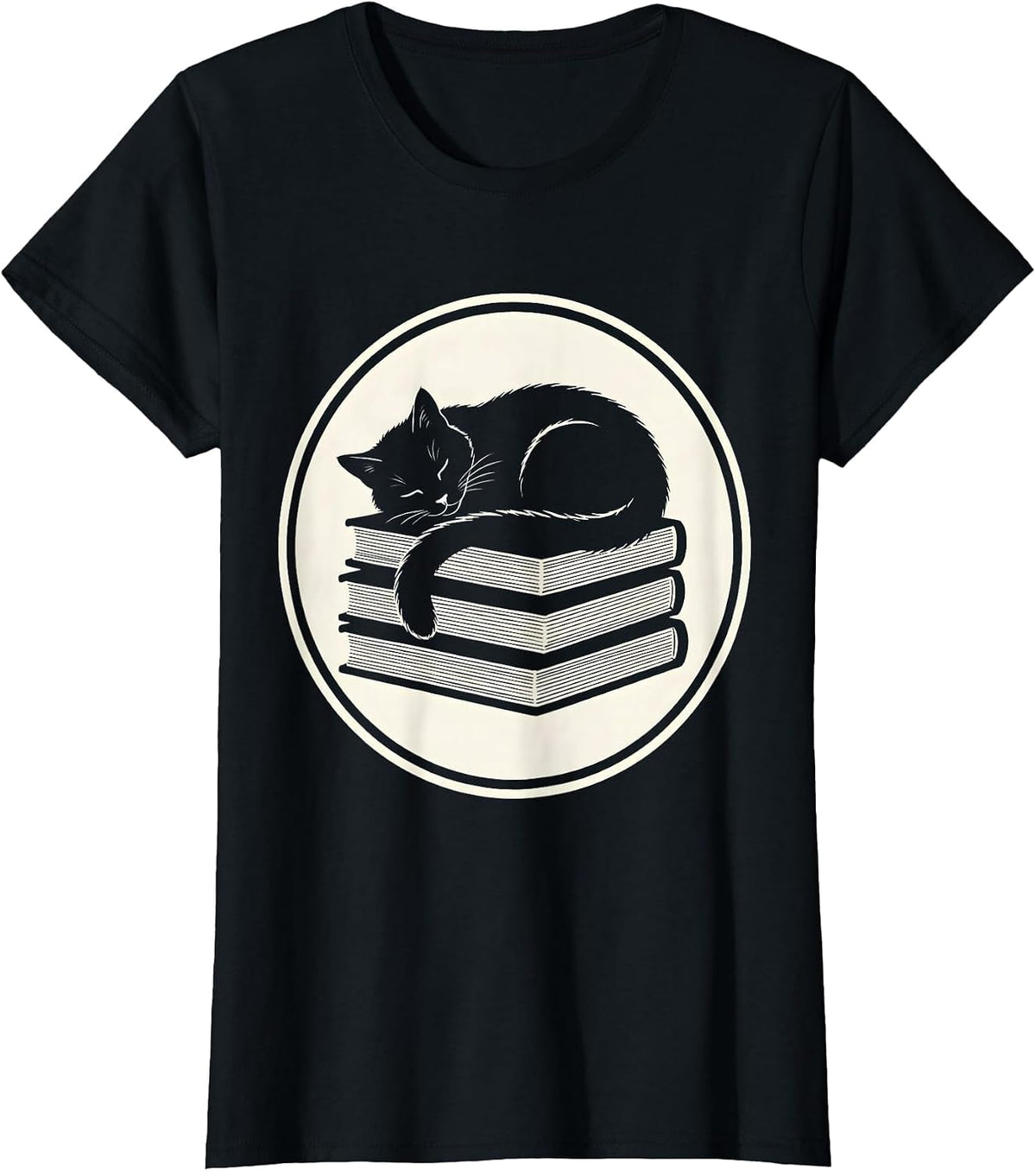 Tabby Cat Napping on Stack of Books T-Shirt - Black