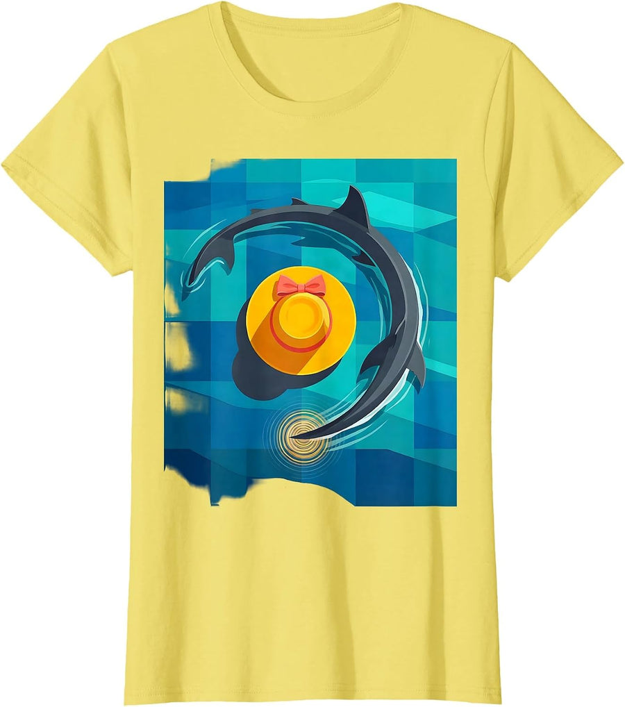 Women's Shark Fin Circling Bikini Hat Funny Beach Art T-Shirt - Lemon Yellow