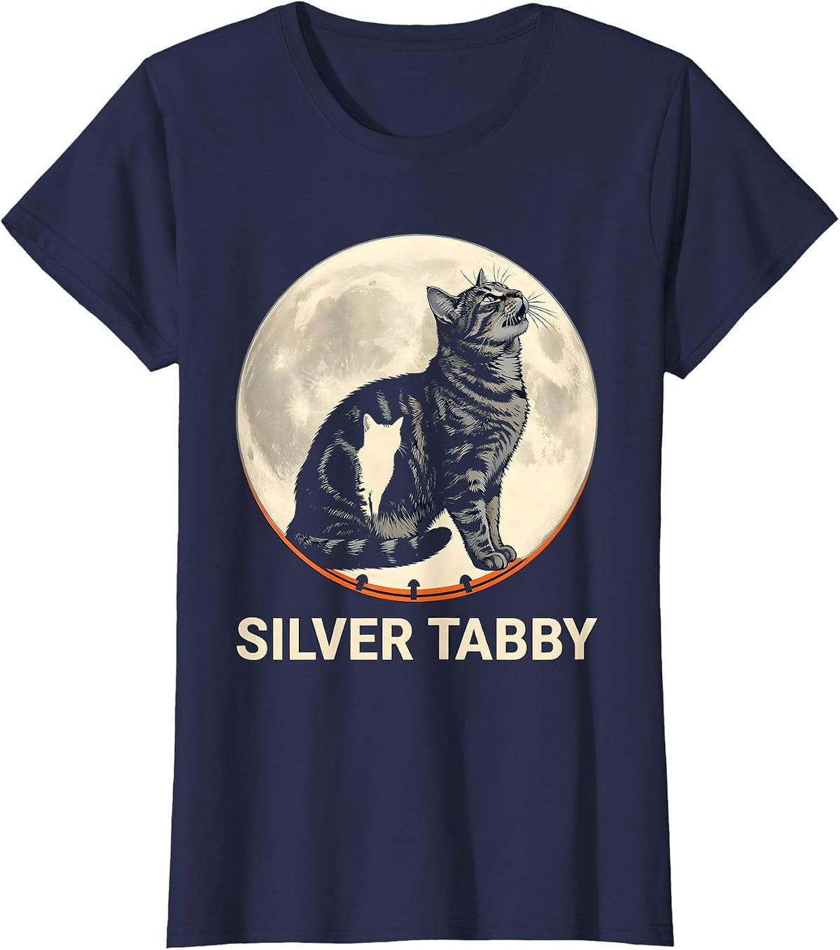 Women's Silver Tabby Howling at Moon 90's Retro Cat Owner Fantasy T-Shirt - Navy Blue