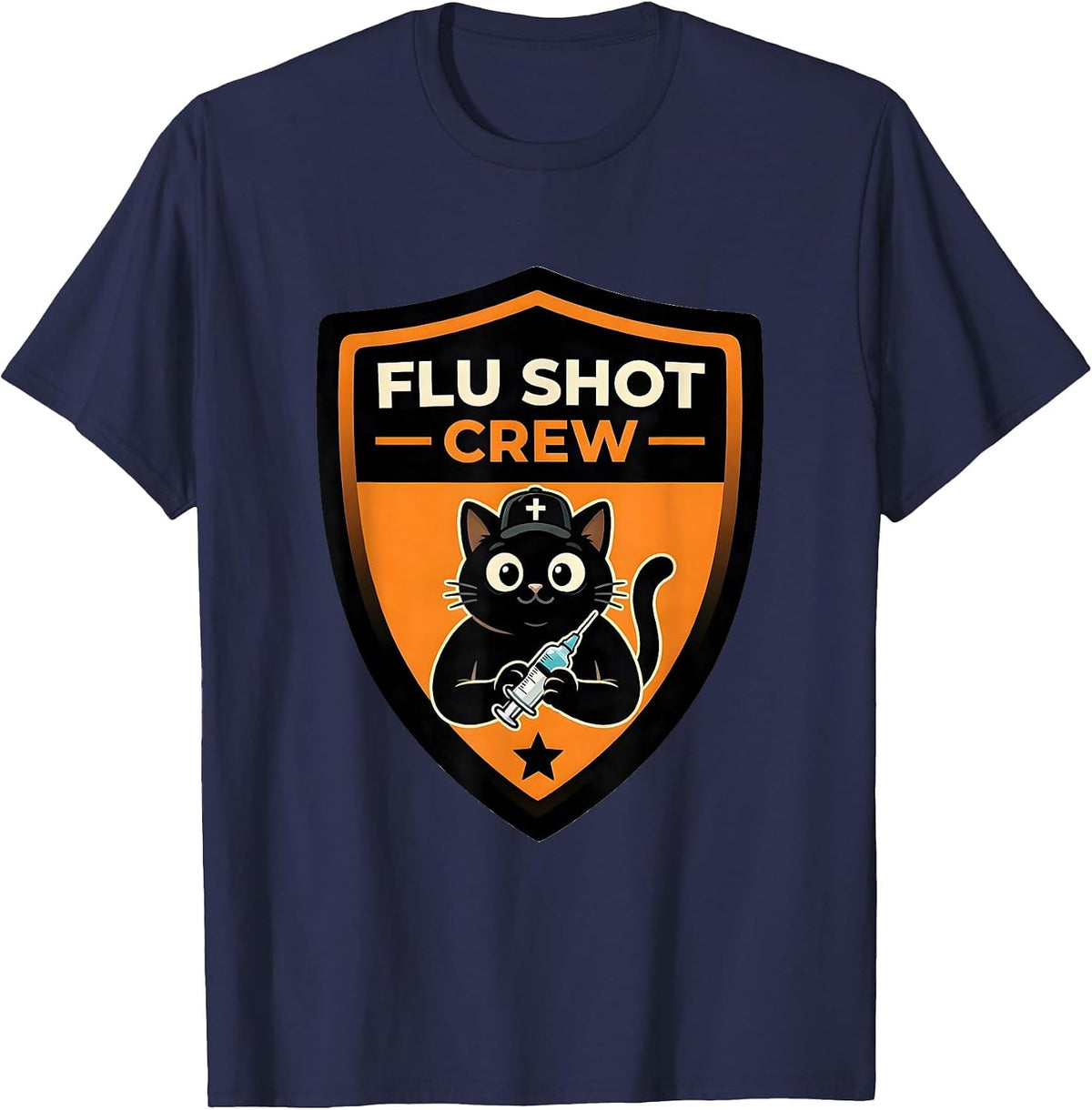 Flu Shot Crew Black Cat Halloween Nurse Flu Shot Humor T-Shirt - Navy Blue