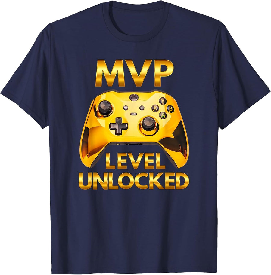 MVP Level Unlocked Video Game Player Gold Gaming Controller T-Shirt - Navy Blue