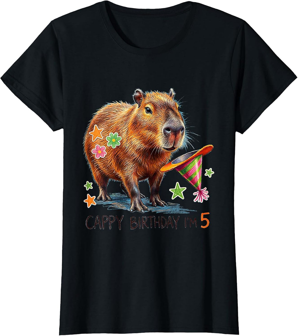 Women's Cappy Birthday, I'm 5 Funny Capybara Meme Birthday Kidcore T-Shirt - Black