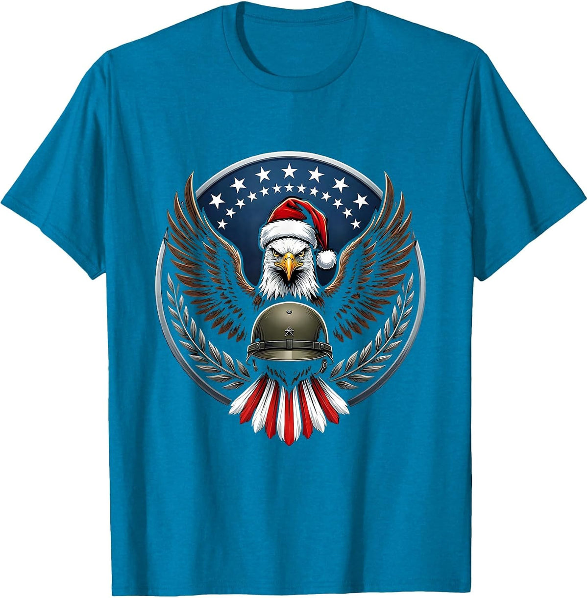 Patriotic Eagle Shield Military Christmas Veteran Santa T-Shirt - Sapphire Blue