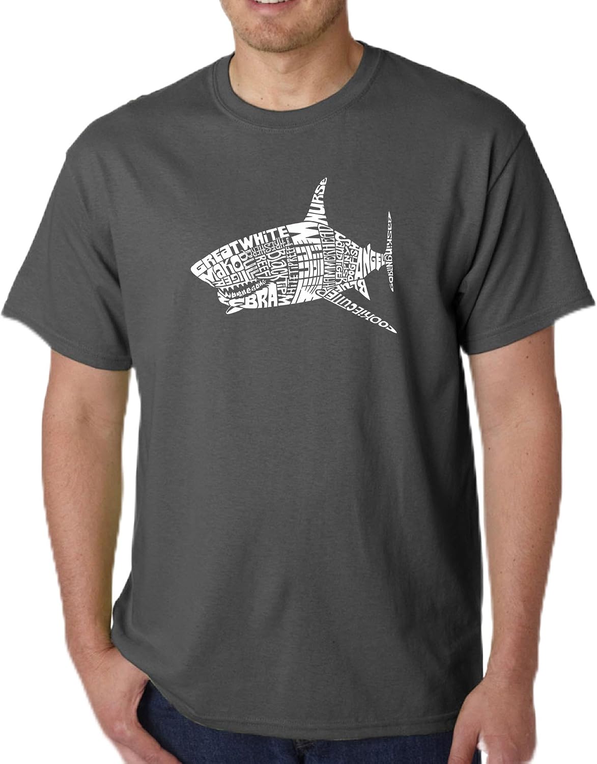 LA POP ART Men's Word Art T-Shirt- Species of Shark - Dark Grey