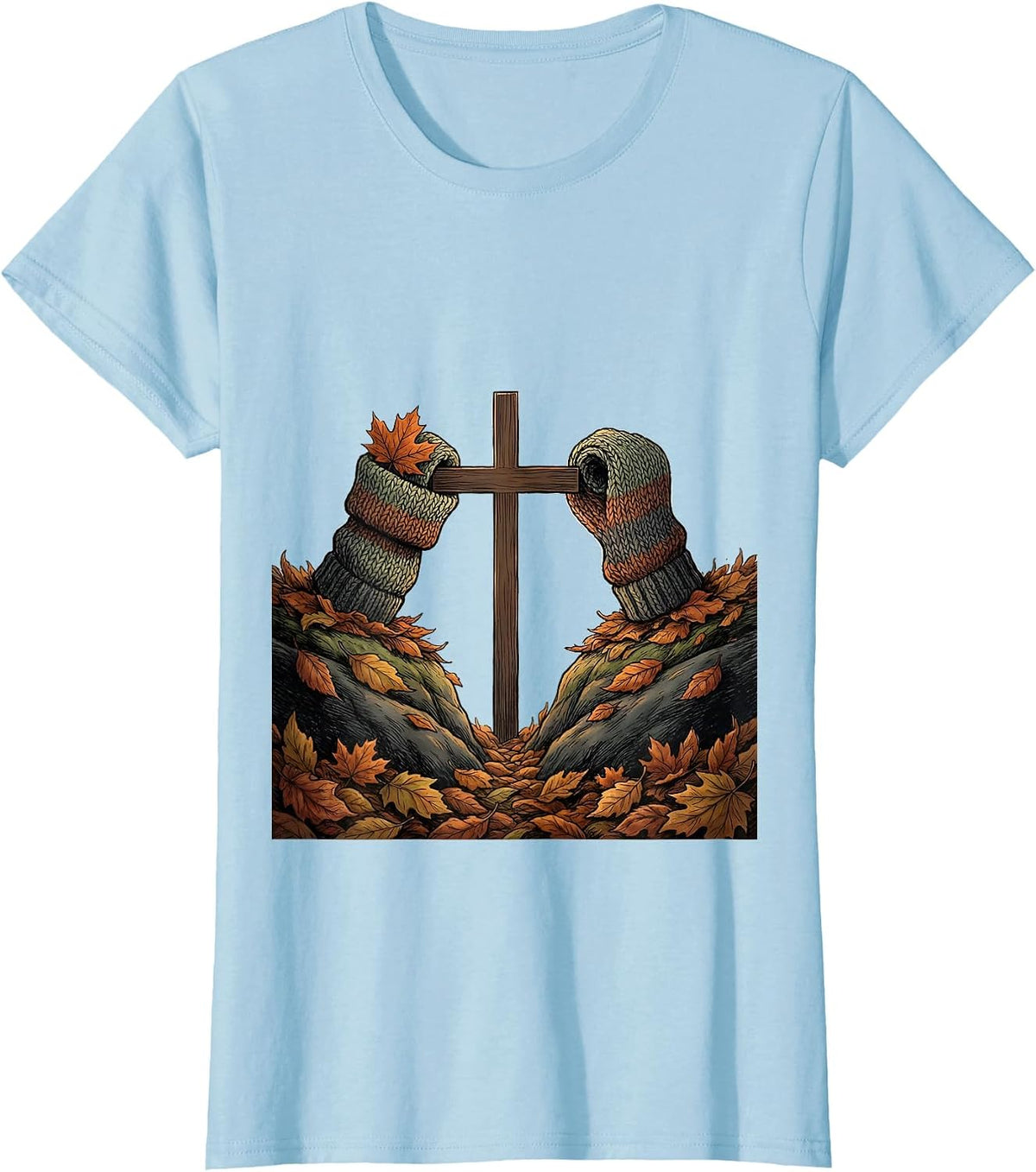 Rolled Knit Cuff Maple Leaf Faith Cozy Fall Autumn T-Shirt - Baby Blue