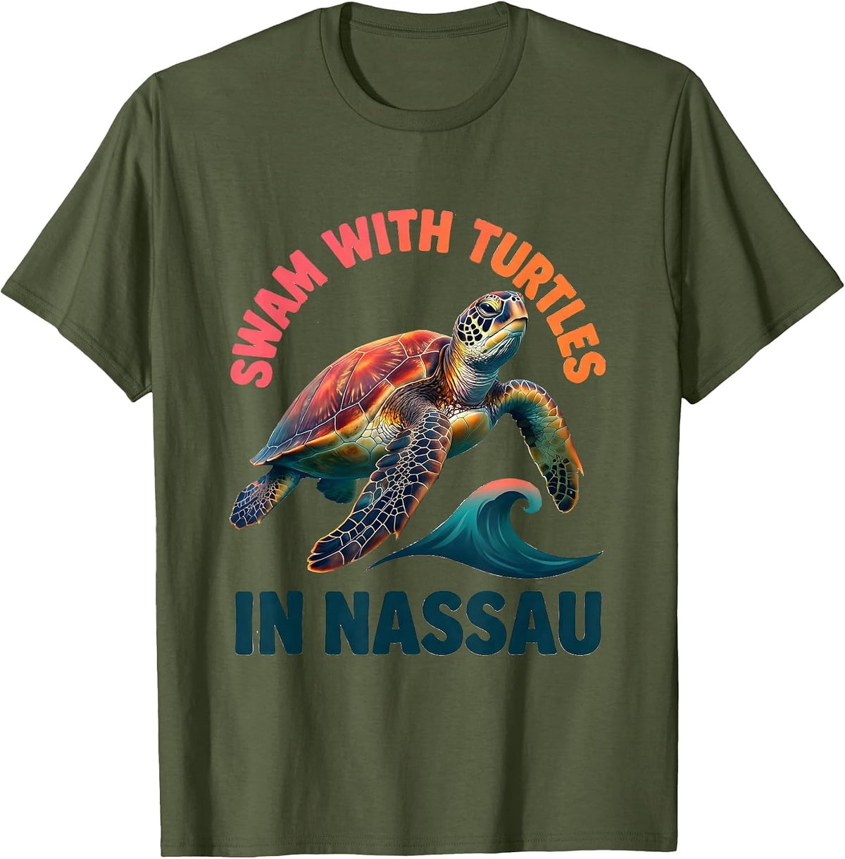 Men's Swam With Turtles In Nassau Gradient Sea Turtle Souvenir T-Shirt - Olive Green