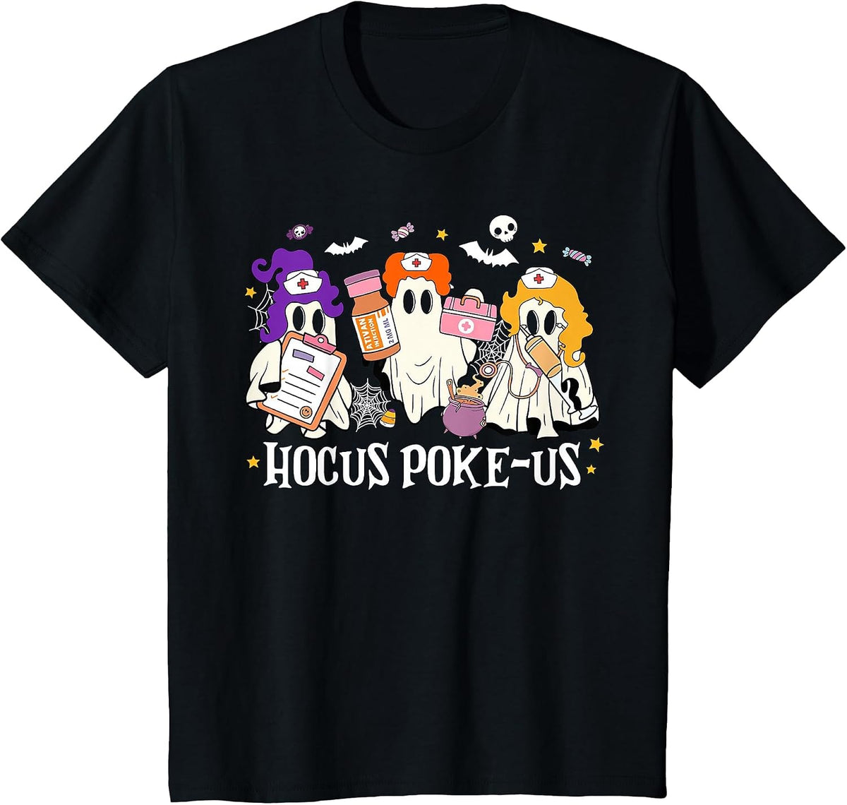 Hocus Poke-us Funny Ghost Nurse Spooky Season Halloween T-Shirt - Black