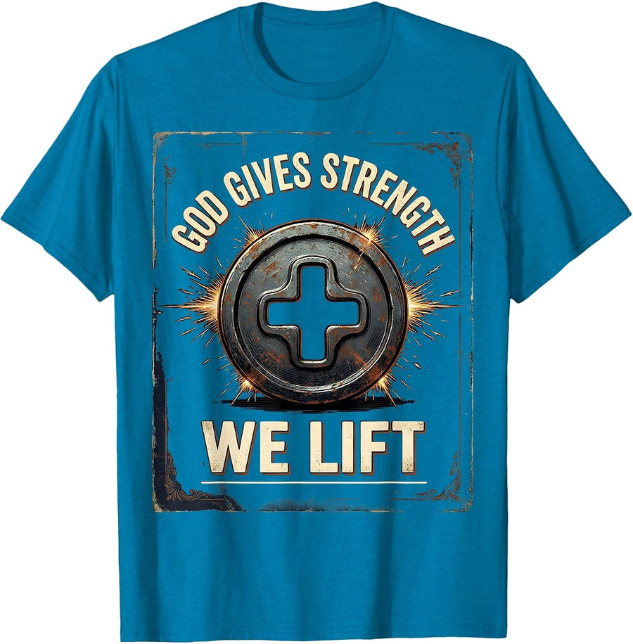 God Gives Strength We Lift Vintage Christian Men Gym Workout T-Shirt - Sapphire Blue