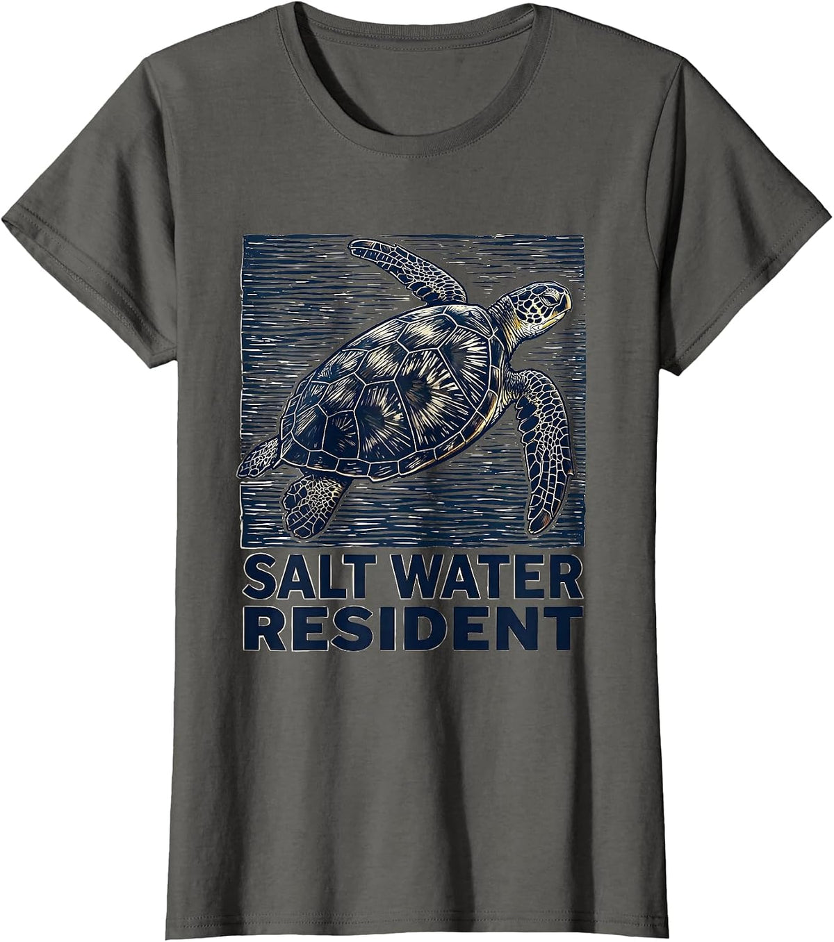 Women's Salt Water Resident Linocut Sea Turtle Tropical Vacation T-Shirt - Asphalt Grey