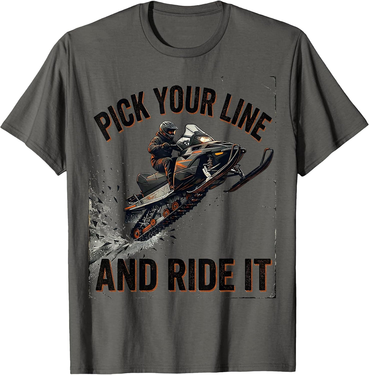 Pick Your Line And Ride It Distressed Snowmobiling Rider T-Shirt - Asphalt Grey