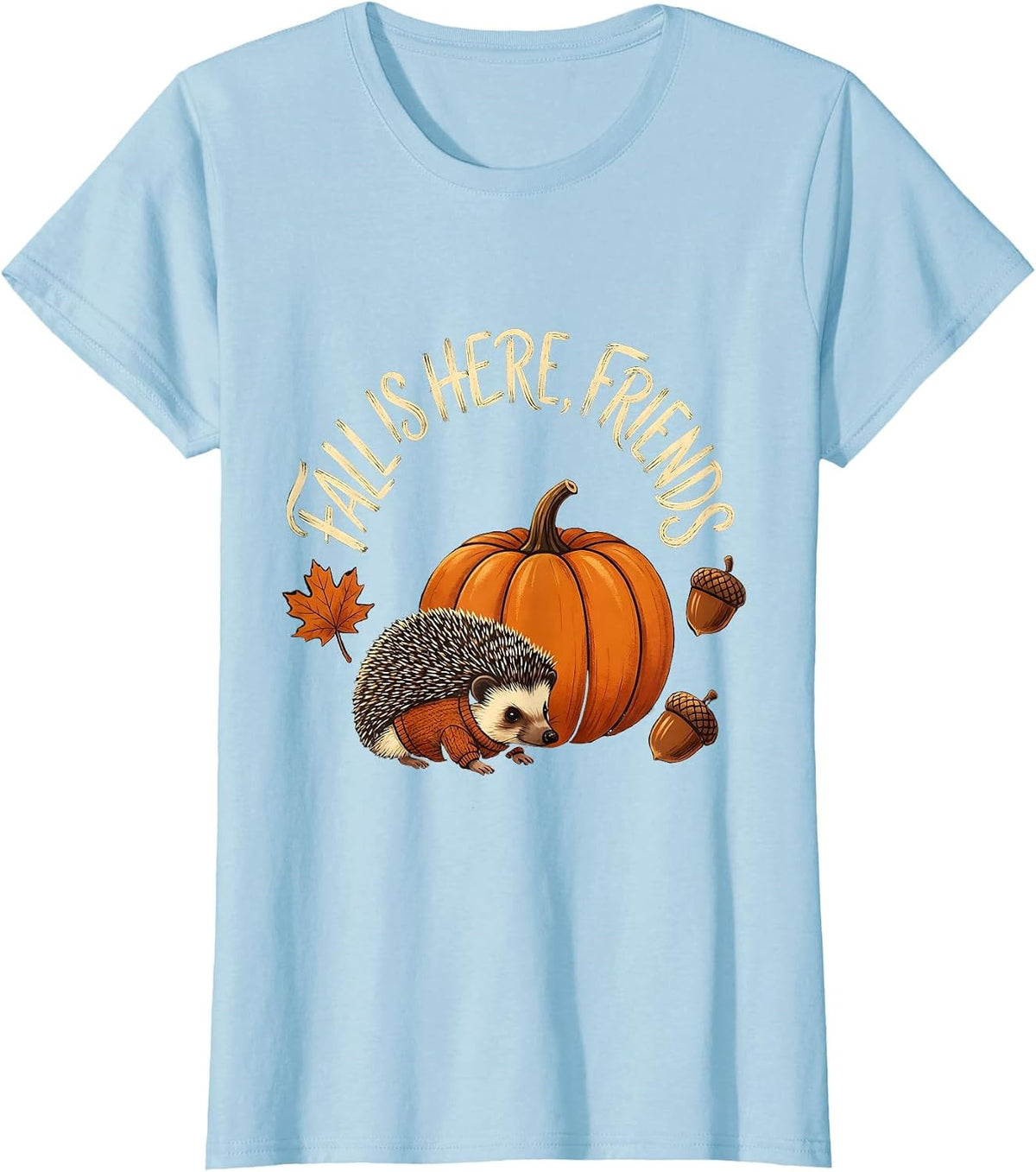 Women's Fall Is Here Friends Cozy Autumn Hedgehog Pumpkin Patch T-Shirt - Baby Blue