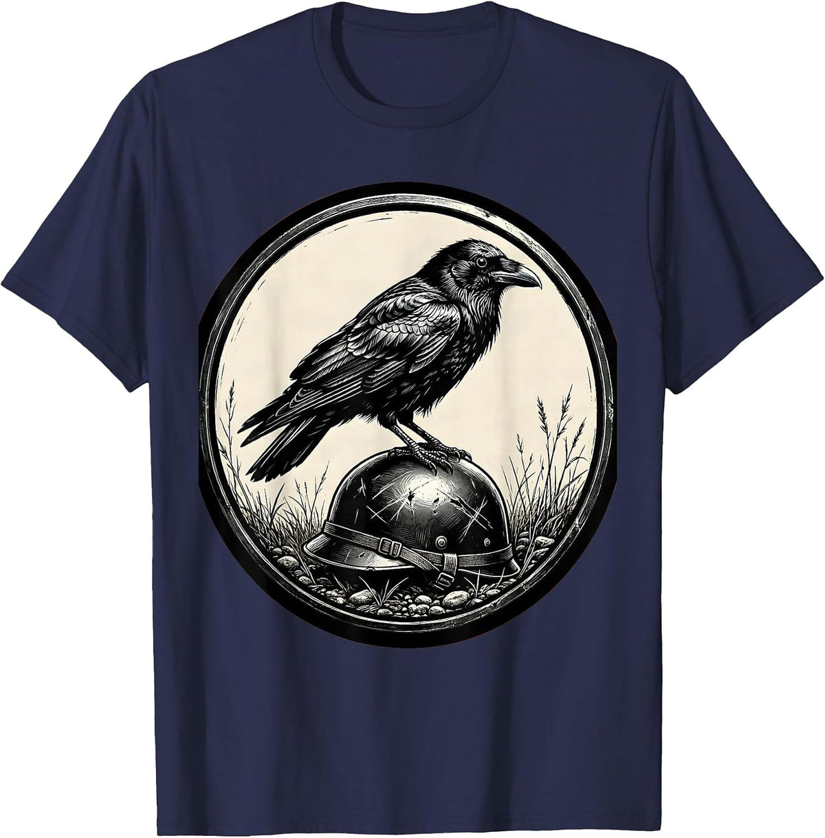 Crow on Fallen Soldier Helmet Memorial Design T-Shirt - Navy Blue