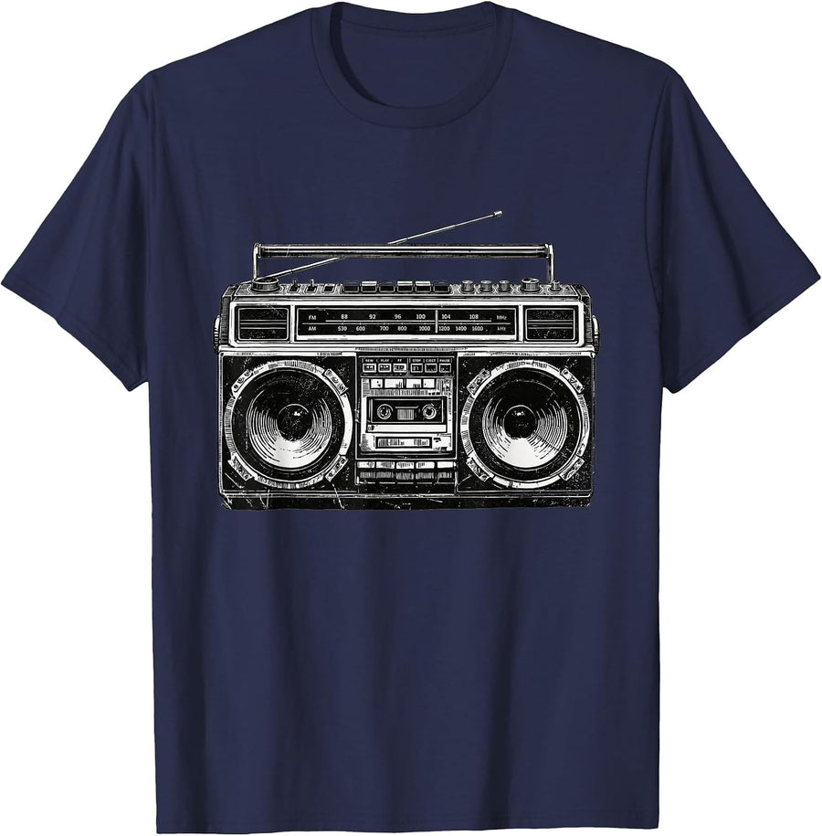 Boombox Stereo R&B Hip Hop Old School Eighties 80s Music T-Shirt - Navy Blue