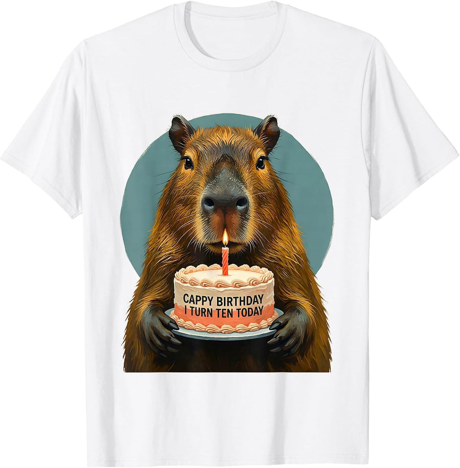 Cappy Birthday I Turn Ten Today Kawaii Capybara 10th T-Shirt - White
