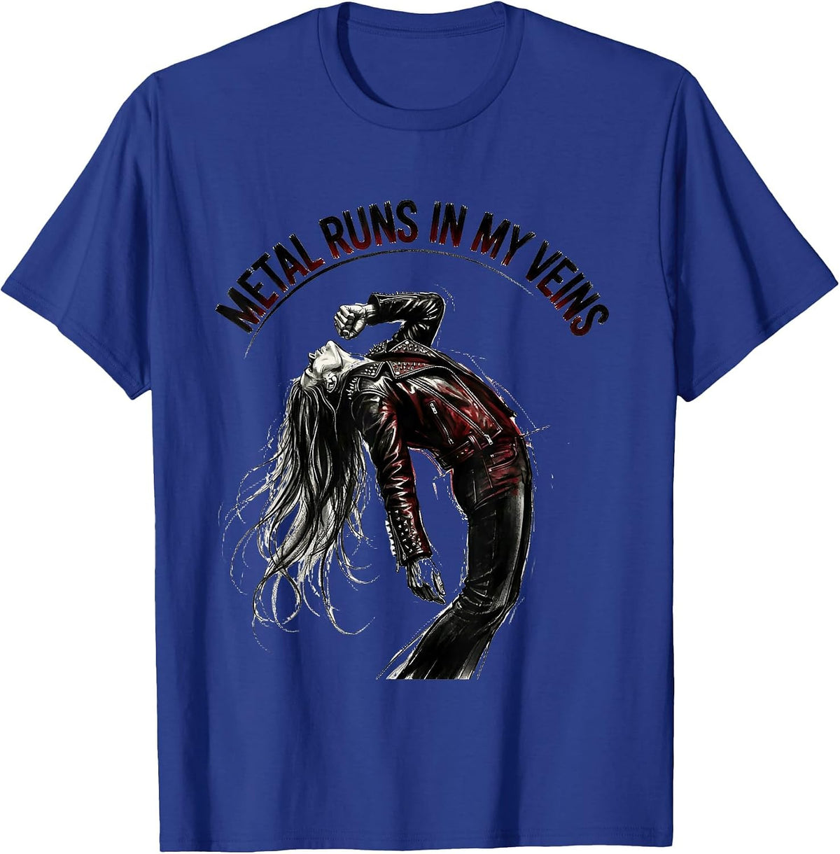 Metal Runs In My Veins Heavy Metal Design T-Shirt - Royal Blue