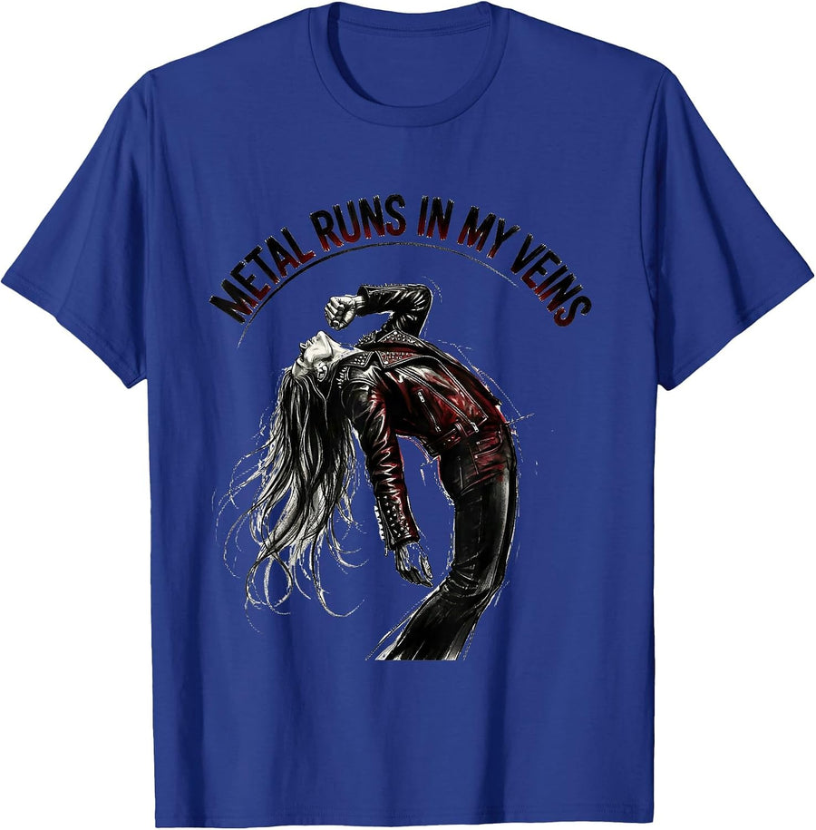 Metal Runs In My Veins Heavy Metal Design T-Shirt - Royal Blue