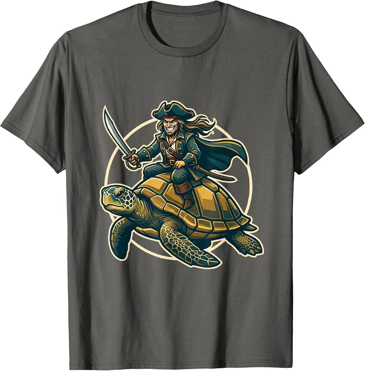 Men's Pirate Riding Giant Sea Turtle Ocean Adventure T-Shirt - Asphalt Grey