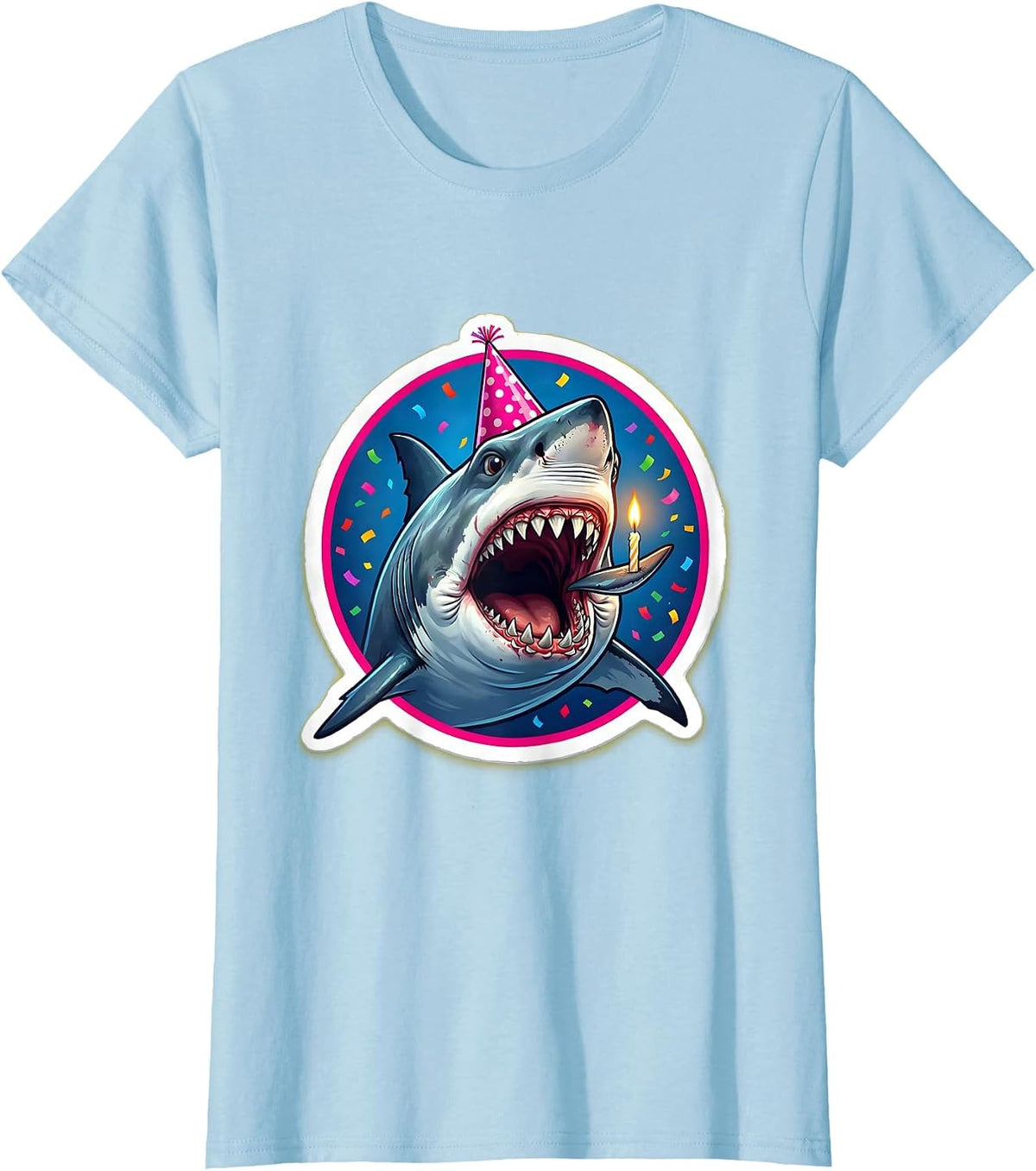 Funny Birthday Shark Blowing Out Candle T-Shirt - Baby Blue