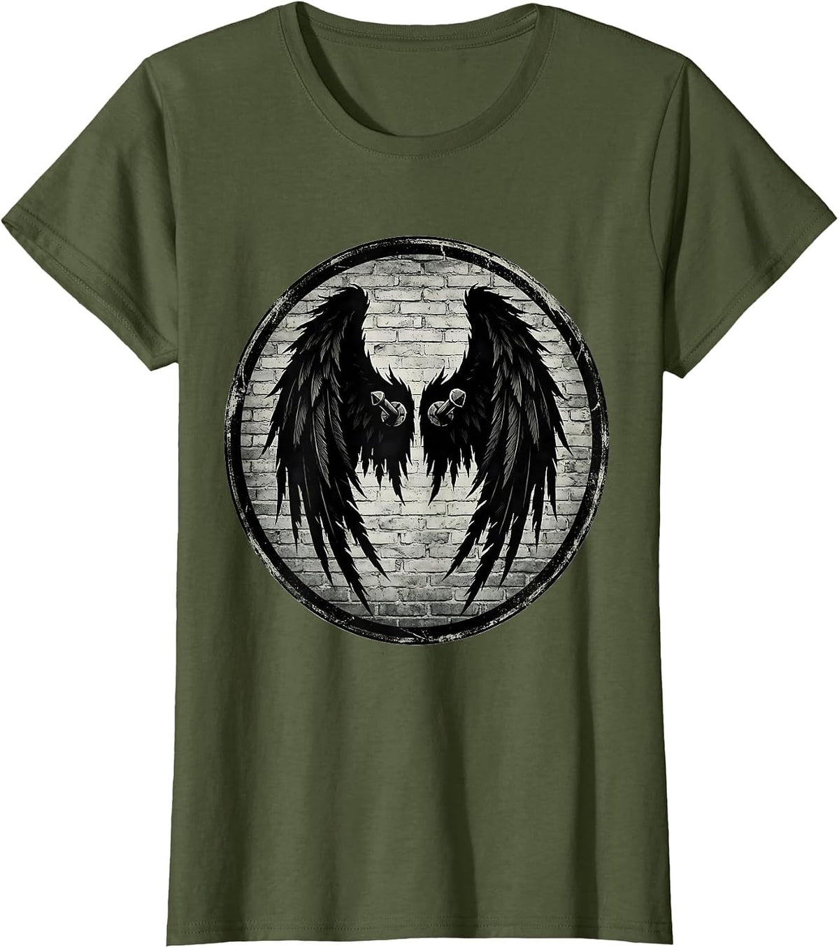 Women's Grunge Torn Angel Wings Pinned to Wall Art T-Shirt - Olive Green