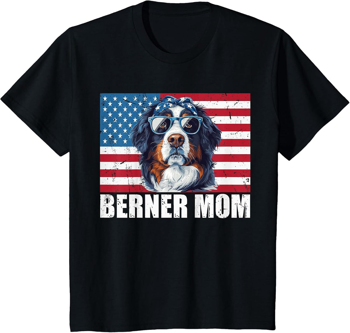 Berner Mom Bernese Mountain US Flag Dog Lover 4th of July T-Shirt - Black