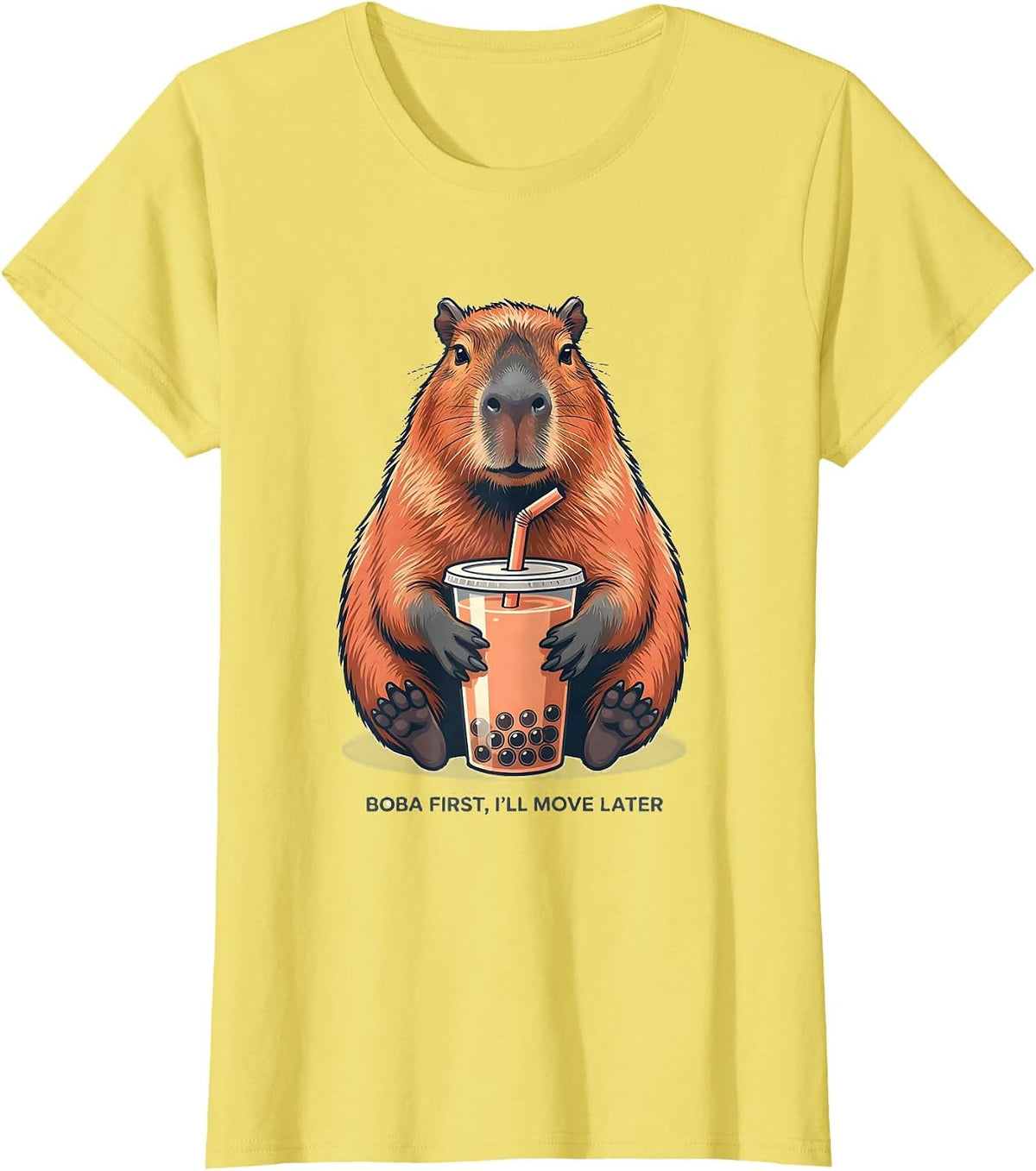 Boba First, I'll Move Later Cute Capybara Kawaii Anime Boba T-Shirt - Lemon Yellow