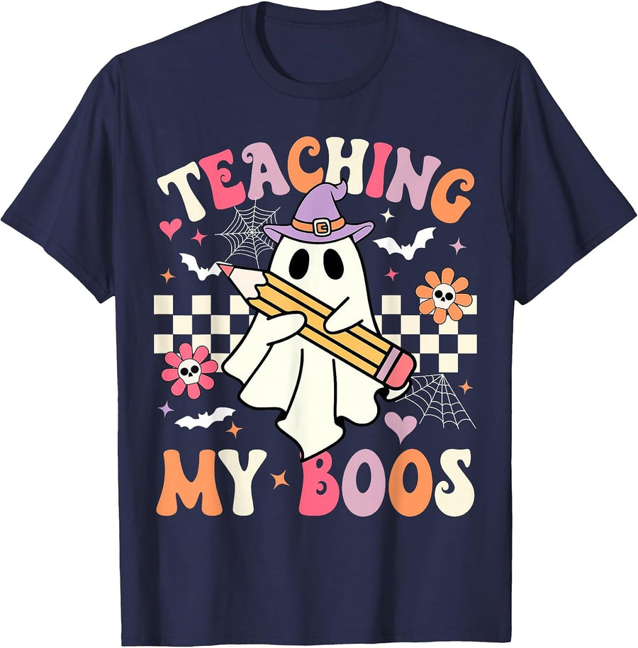 Teaching My Boos Teacher Cute Ghost Groovy Teacher Halloween T-Shirt - Navy Blue