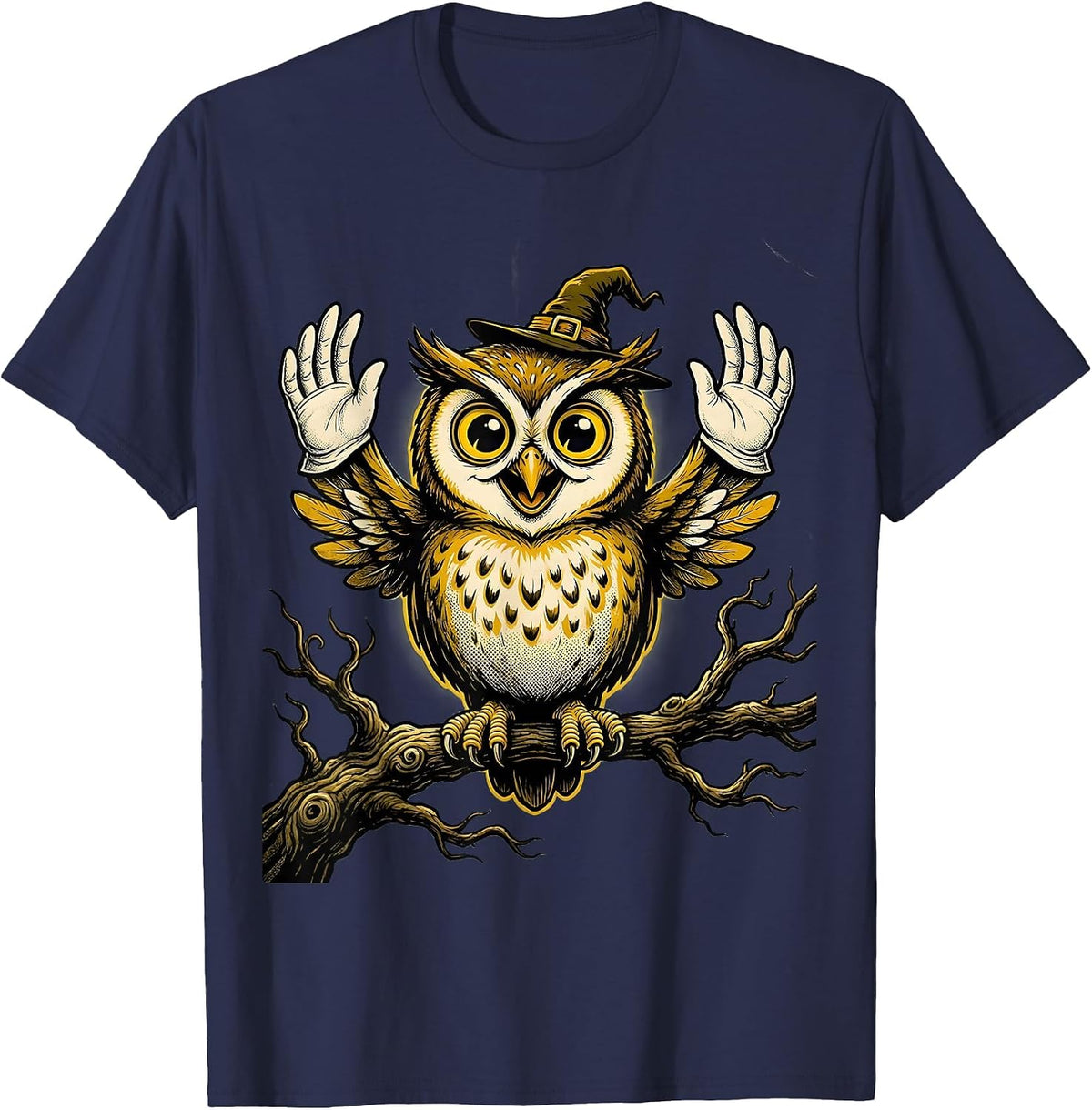 Spooky Owl on Bare Tree Branch Halloween Design T-Shirt - Navy Blue