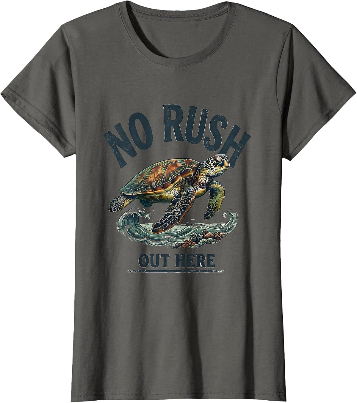 Women's No Rush Out Here Vintage Sea Turtle Beach Vacation Souvenir T-Shirt - Asphalt Grey