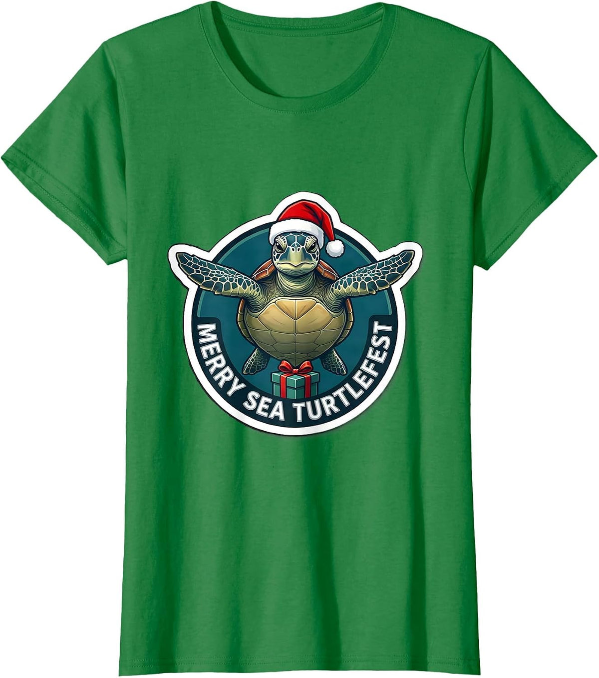 Women's Merry Sea Turtlefest Cute Sea Turtle Christmas Santa Hat T-Shirt - Kelly Green
