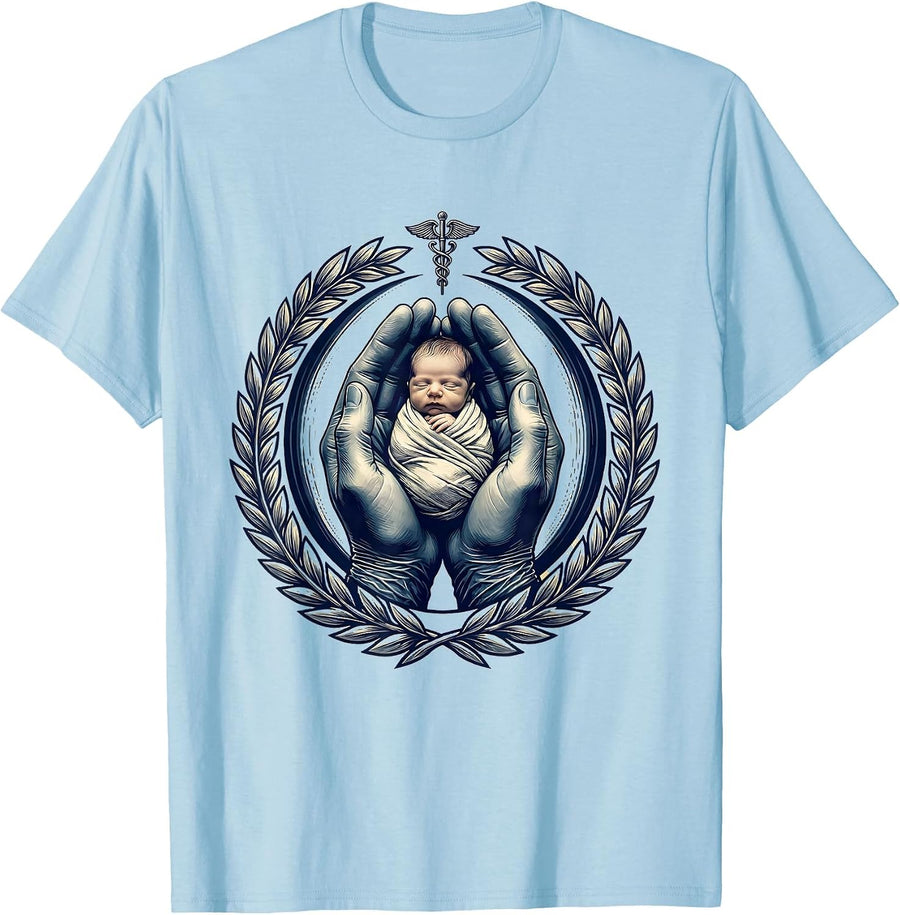 Men's Gloved Hands Cradling Newborn Nursing Graphic T-Shirt - Baby Blue