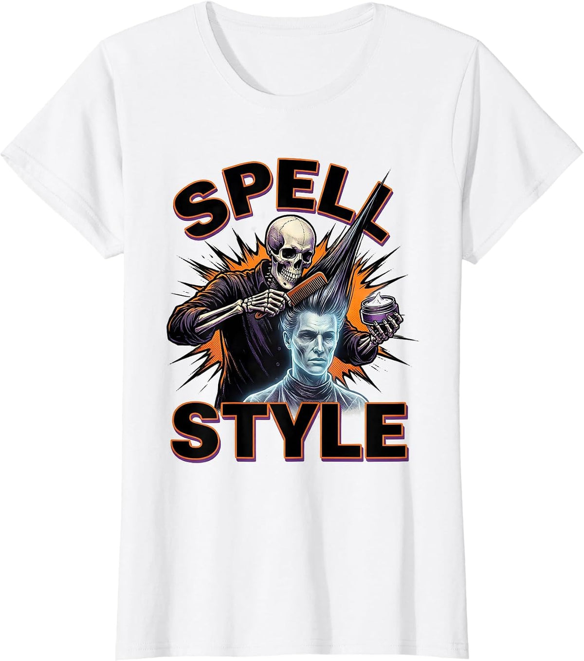 Spell Style Comic Book Skeleton Hairstylist Halloween Humor T-Shirt - White