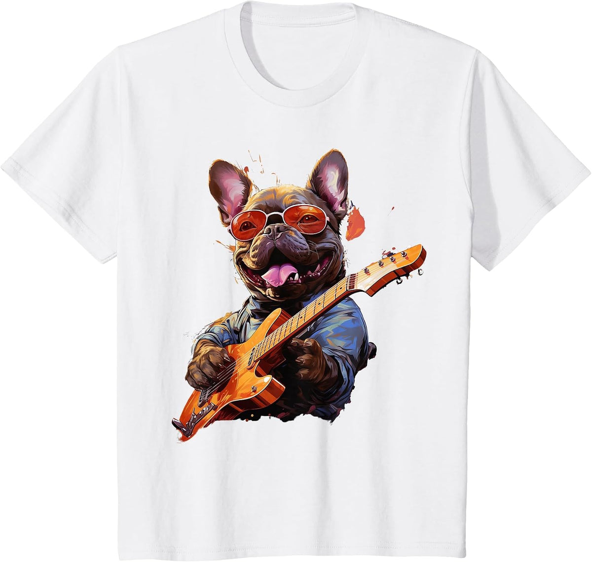 Funny Rock French Bulldog Playing Guitar T-Shirt - White