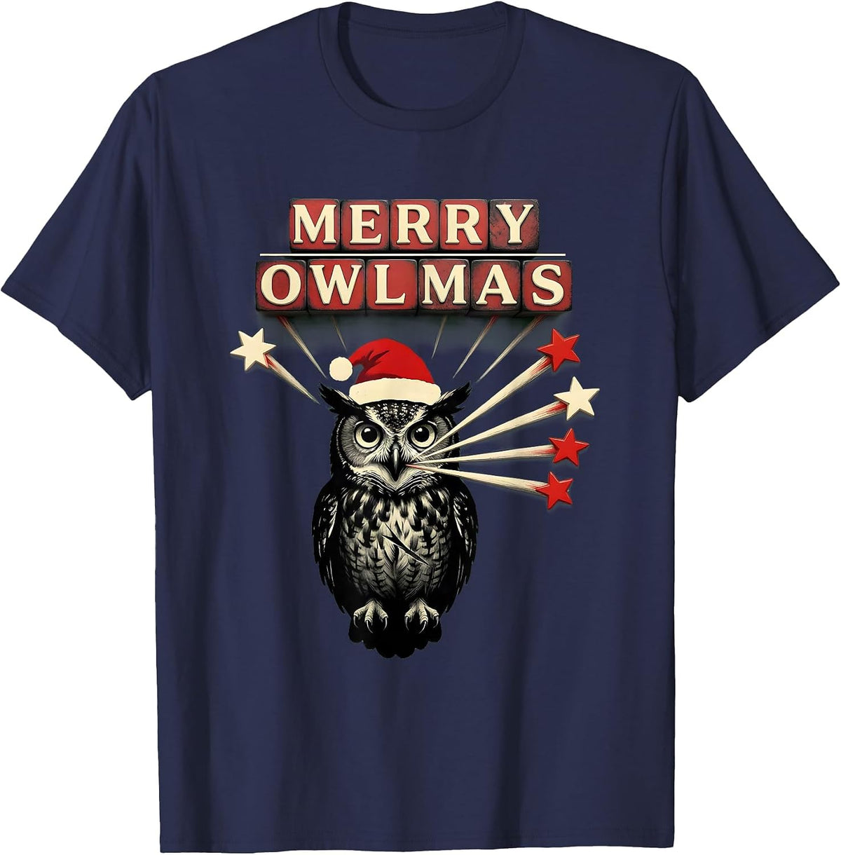 Men's Merry Owlmas! Owl Lover Santa Hat Christmas Lights Novelty T-Shirt - Navy Blue
