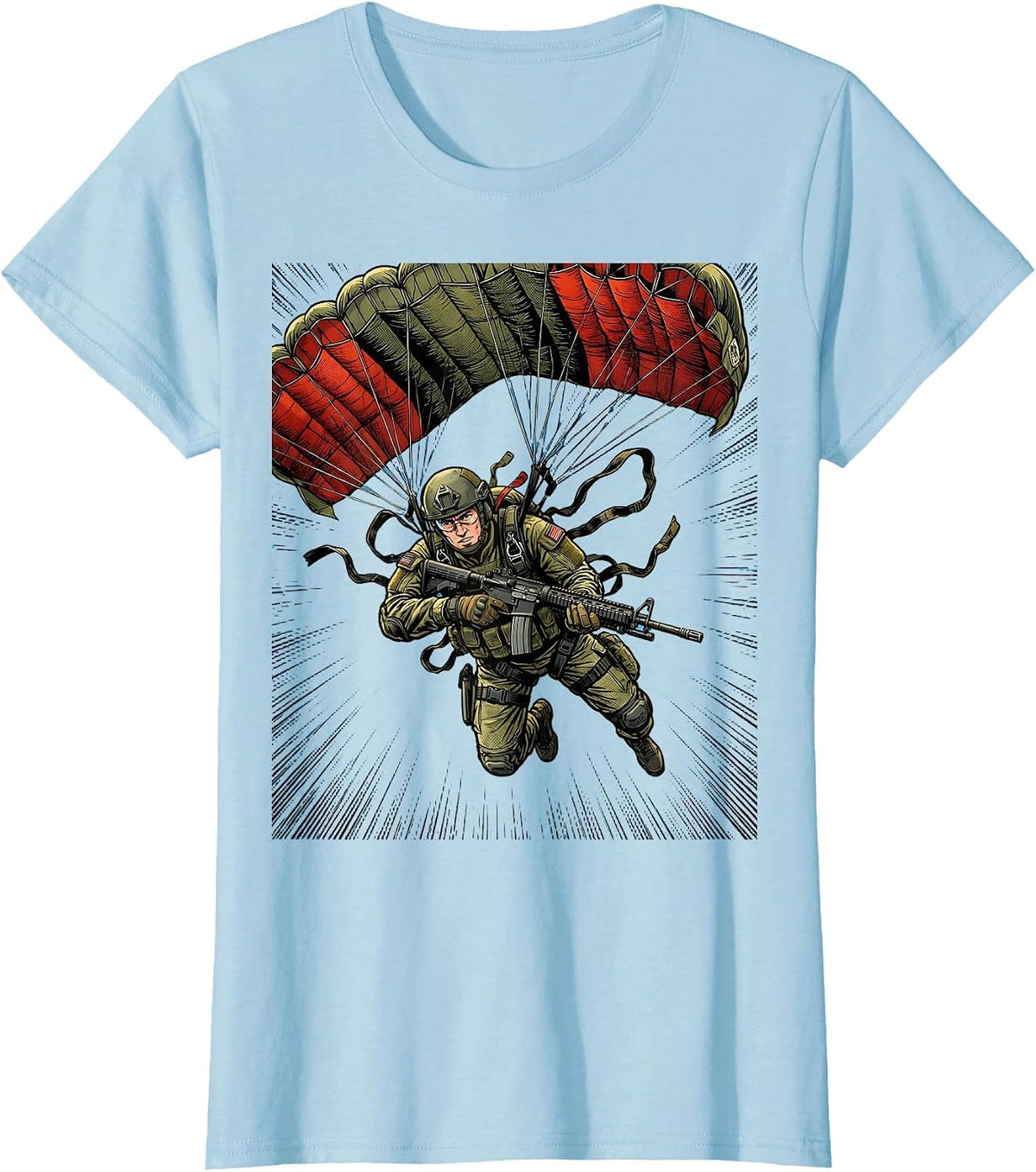 Paratrooper Mid-Air Freefall Military Illustration T-Shirt - Baby Blue