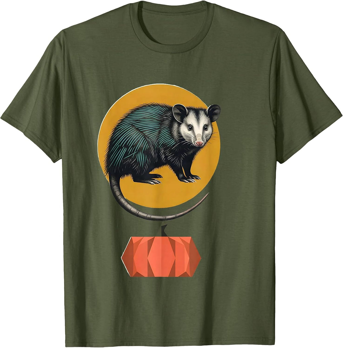 Men's Three-Quarter Opossum Moon Midcentury Halloween Spooky T-Shirt - Olive Green
