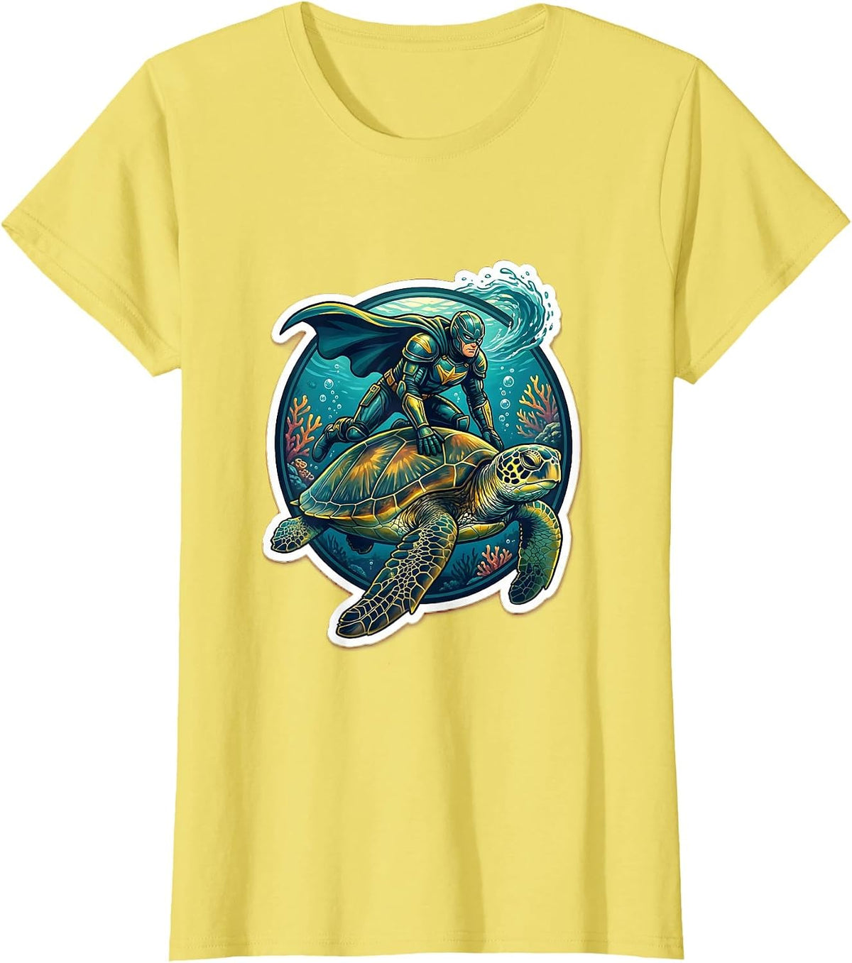 Women's Undersea Hero Riding Giant Sea Turtle Design T-Shirt - Lemon Yellow
