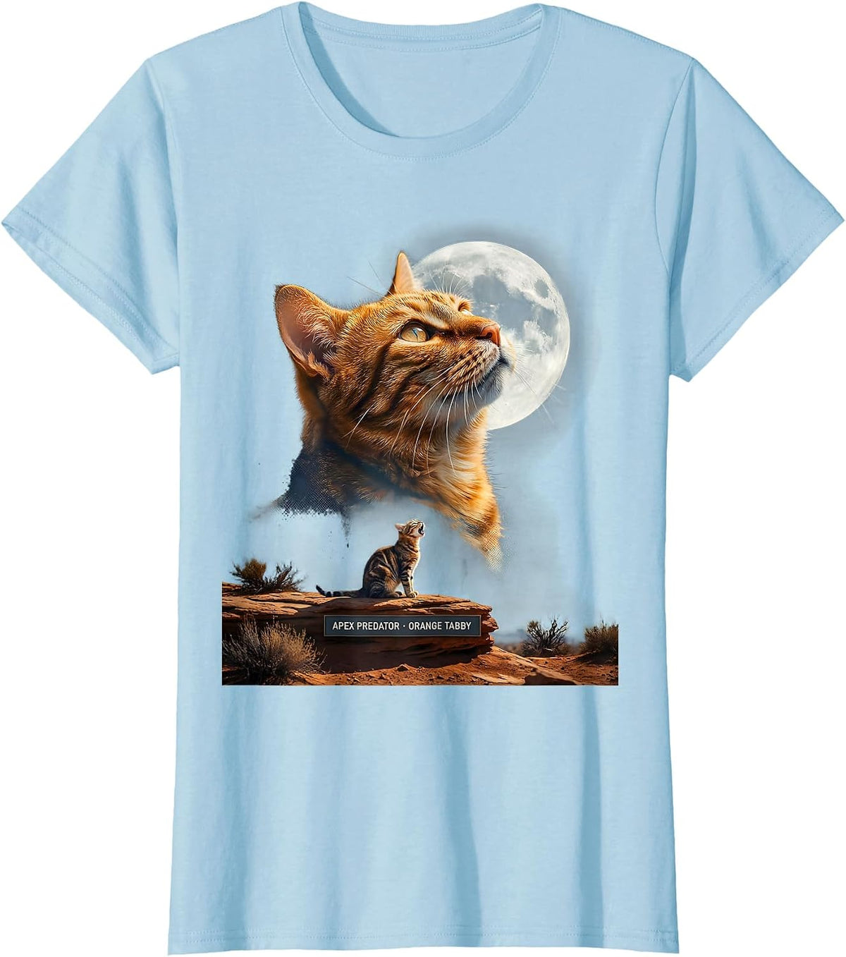 Women's Apex Predator Orange Tabby Cat Howling at Moon 90's Retro T-Shirt - Baby Blue