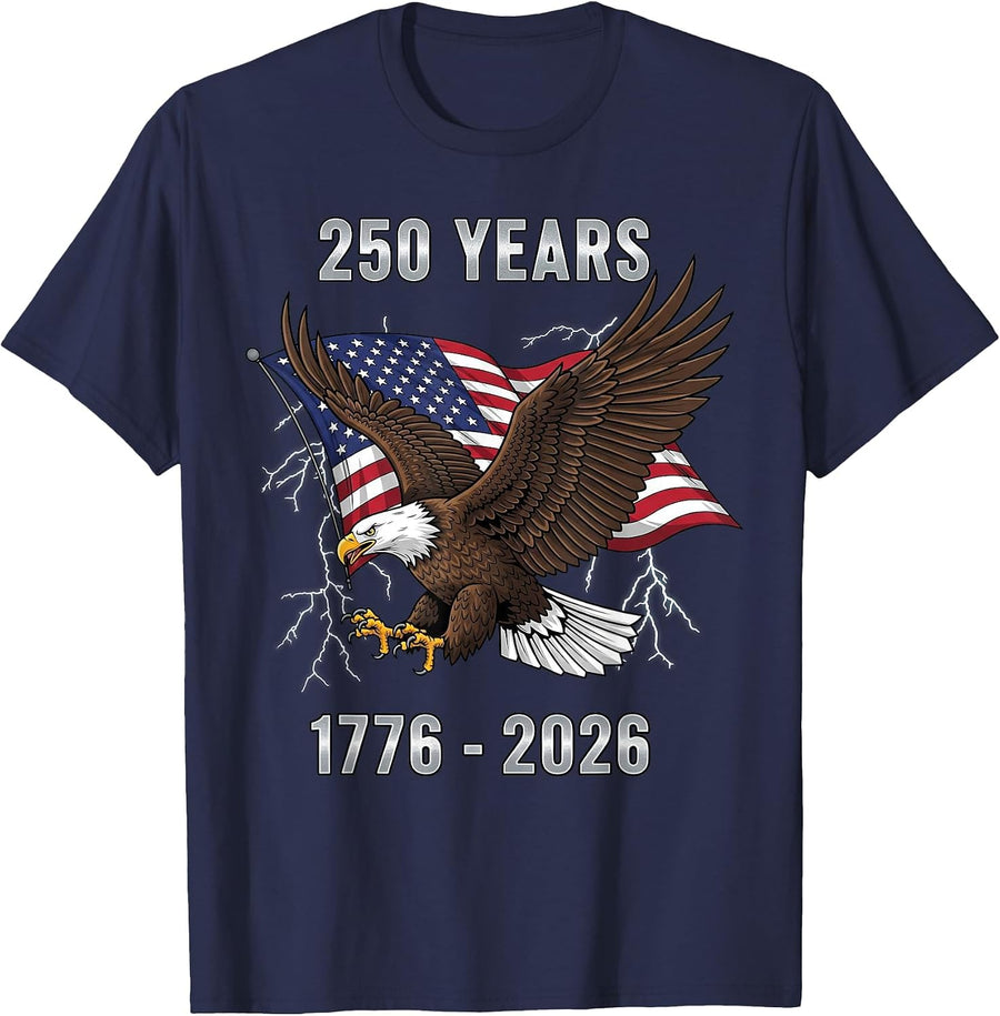 1776-2026 250 Years Anniversary USA Eagle Patriotic Flag T-Shirt - Navy Blue