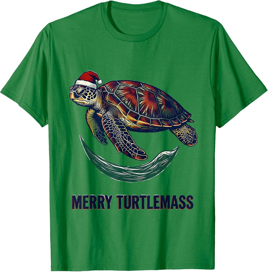 Men's Merry Turtlemass Linocut Sea Turtle Santa Hat Holiday T-Shirt - Kelly Green