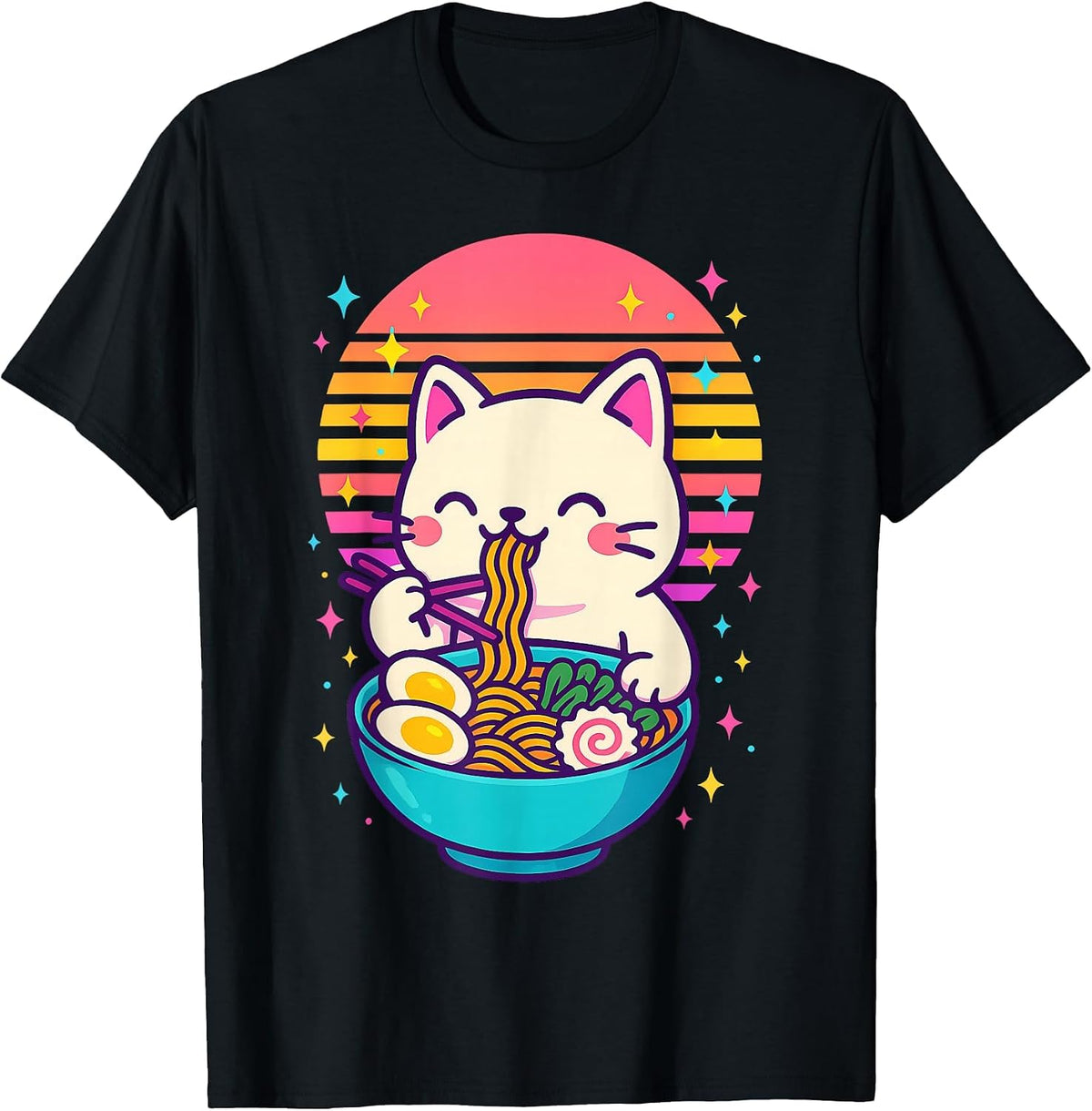 Anime Cat Eating Ramen Japanese T-Shirt - Black
