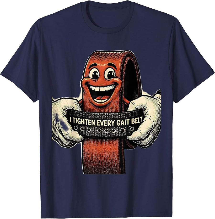 I Tighten Every Gait Belt Retro Cartoon Physical Therapist T-Shirt - Navy Blue