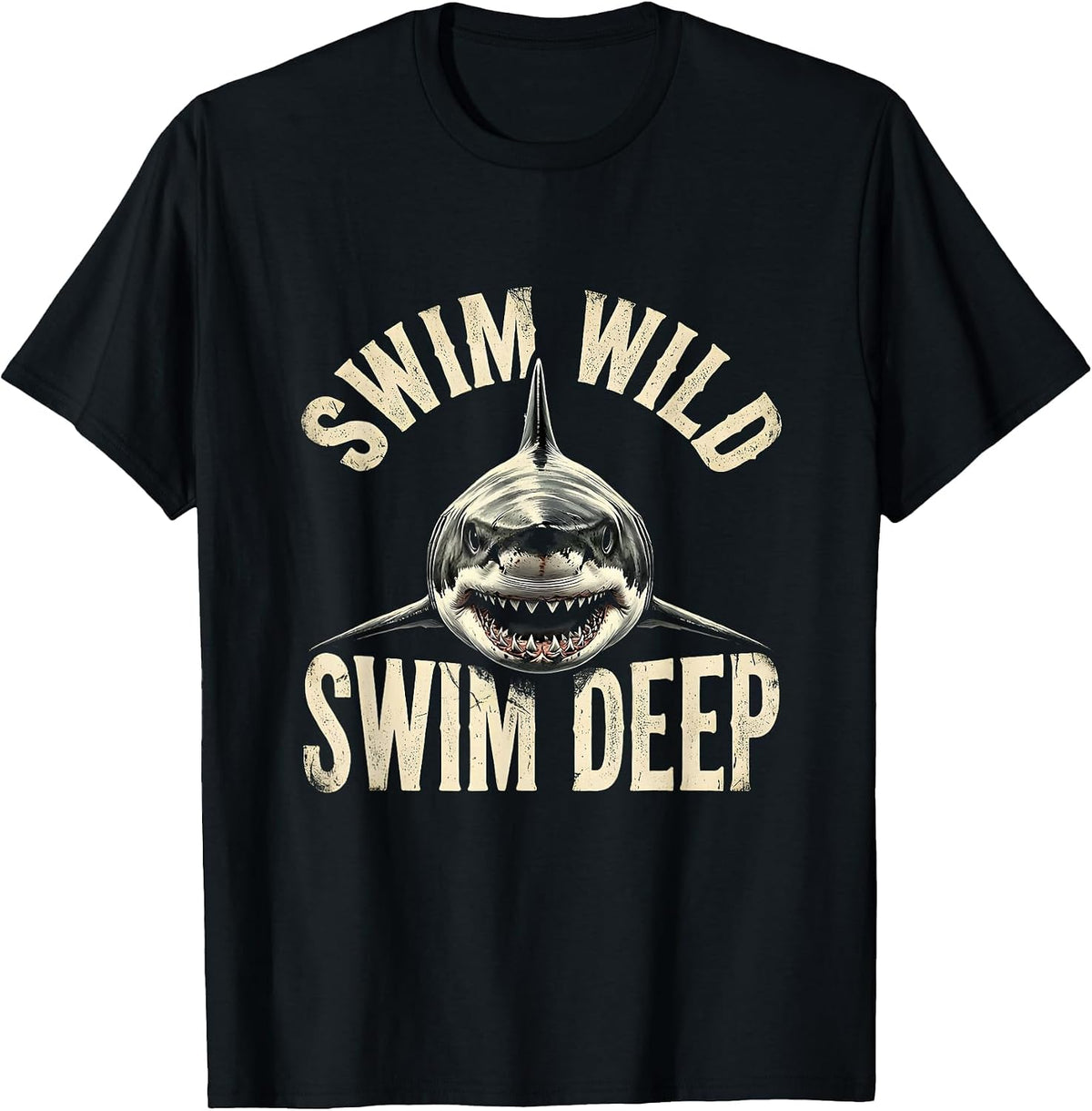 Men's Swim Wild Swim Deep Shark Graphic Design T-Shirt - Black