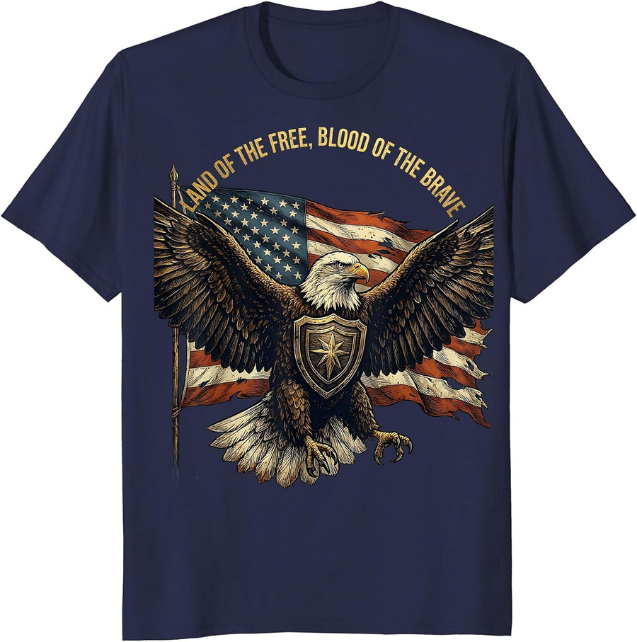 Land of the Free, Blood of the Brave Patriotic Eagle Design T-Shirt - Navy Blue